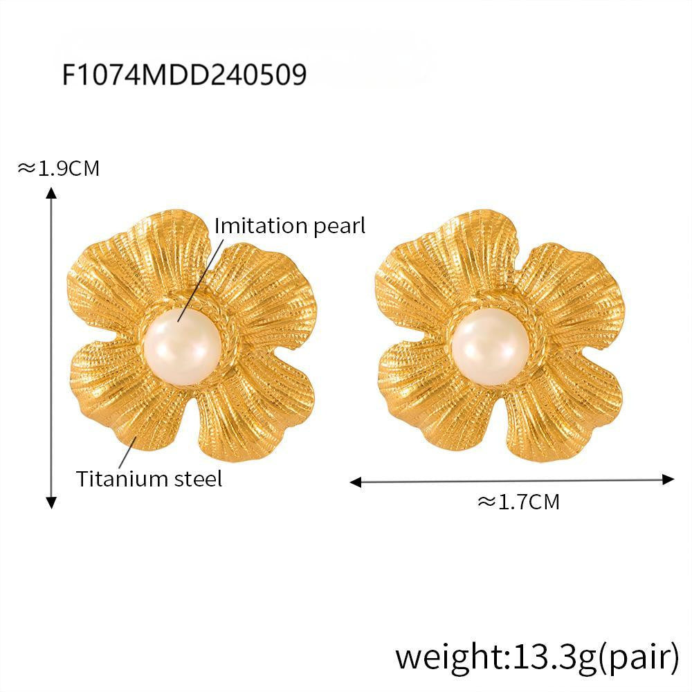 B廠【F1074-F1522】法式復古小眾花朵耳環鑲嵌貝珠女耳環小香風輕奢鈦鋼鍍金飾品 24.05-3