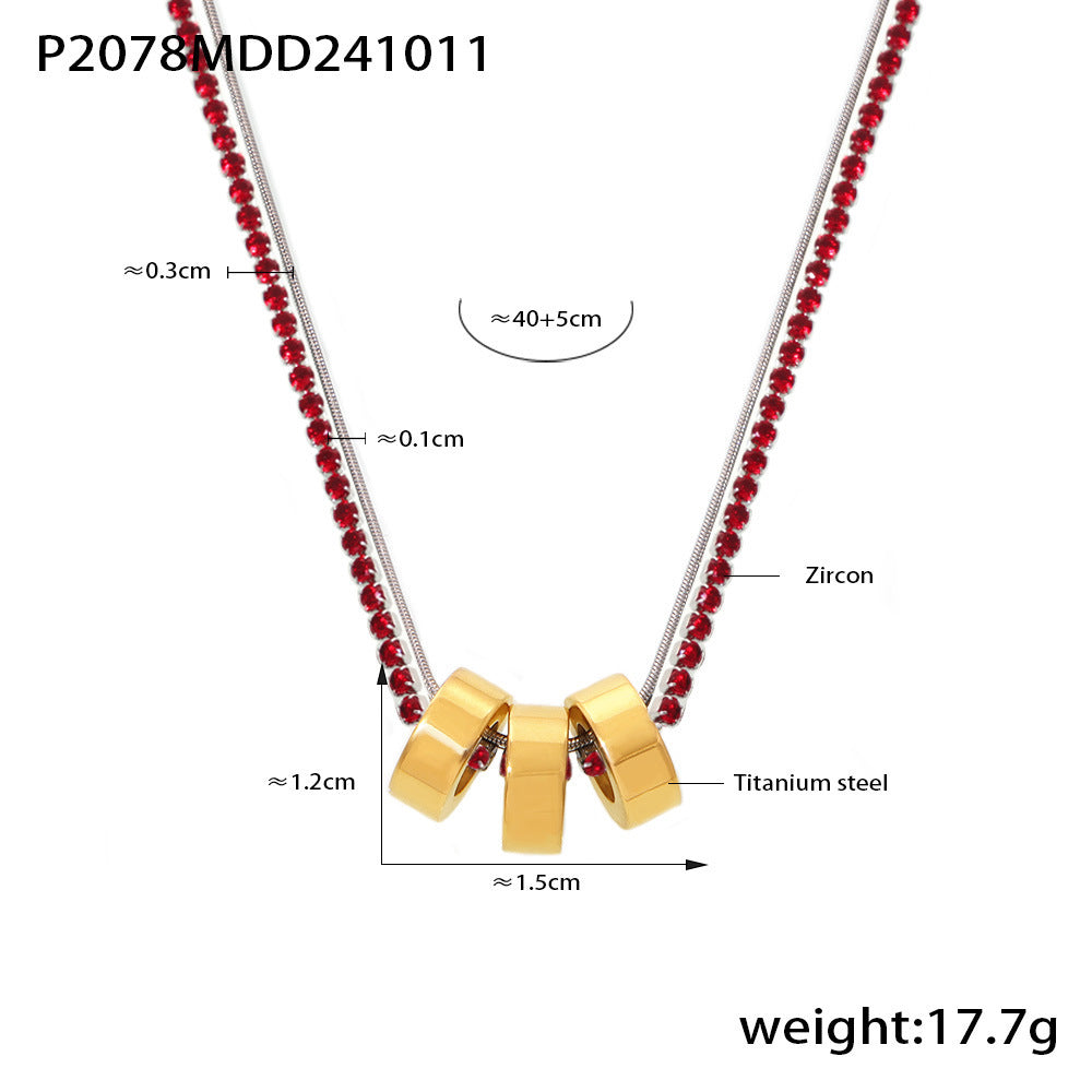 B廠【P2078】飾品316L鈦鋼3mm爪鑽多彩鋯石間電3環鎖骨項鍊鍍18K金保色 24.10-4