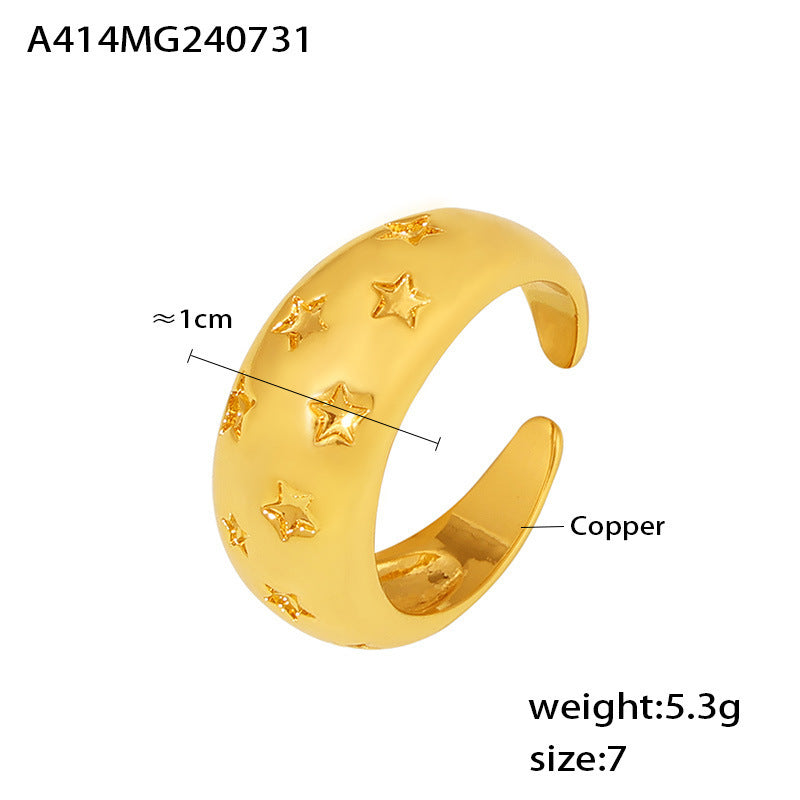 B廠【A414】歐美復古風星星寬版光面開口戒指ins風小眾設計感銅材質飾品 24.08-2