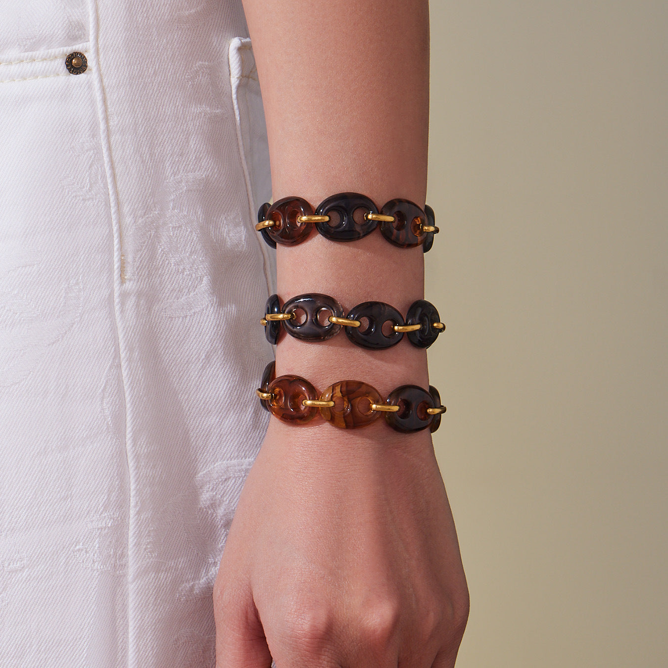 B廠【E157】不鏽鋼樹脂豬鼻子手鍊鍍18k金琥珀色百搭歐美輕奢鍊飾首飾
 25.10-3