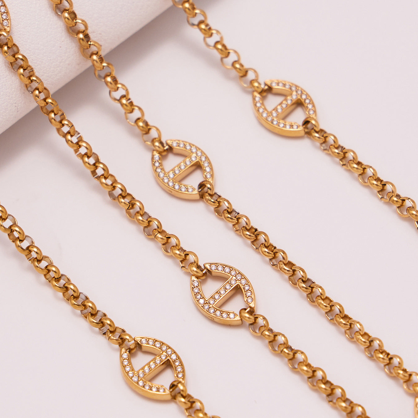 B廠【M081】超閃5A鋯石黏鑽日字扣長毛衣鏈不鏽鋼鍍18k真金保色飾品
 25.10-3