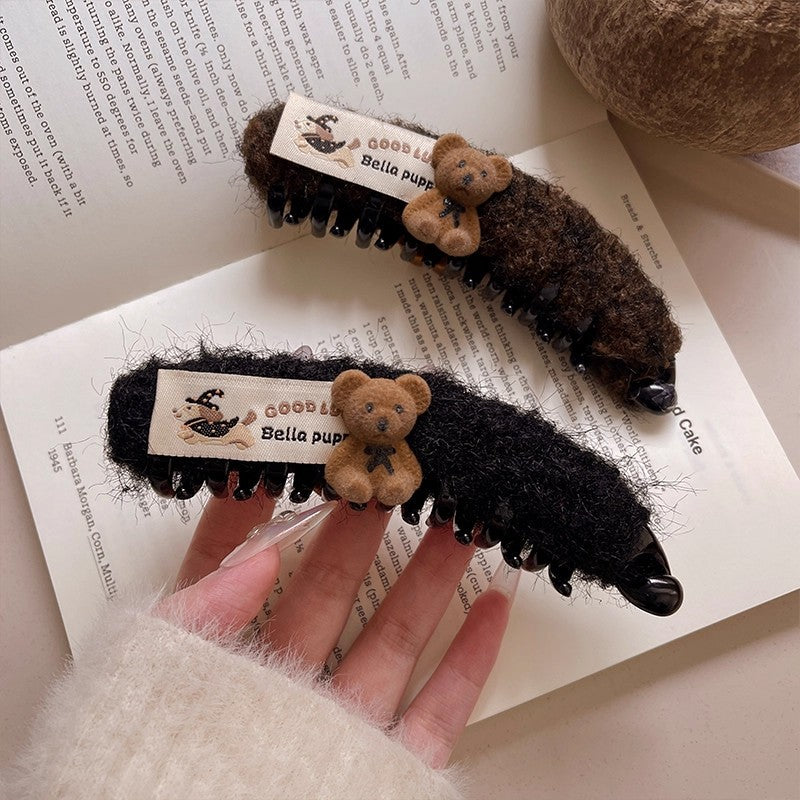 C廠【P56】韓國卡通小熊毛絨香蕉夾髮夾女2025新款可愛後腦勺高馬尾豎夾髮卡
 25.12-2「C廠-單筆結帳需滿，NT$500出貨(不含運費)」