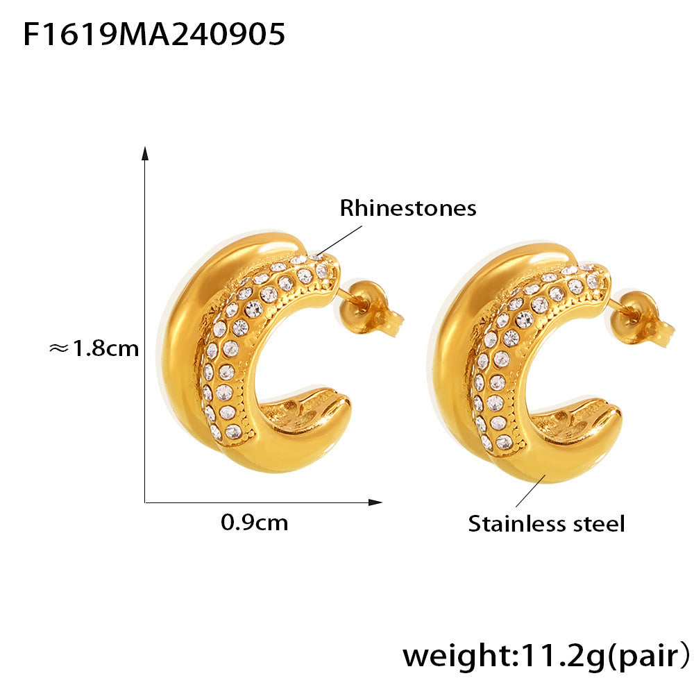 B廠【F1619】歐美復古雙C黏鑽耳環時尚氣質不銹鋼18K金月牙狀不掉色簡約耳飾女 24.09-2