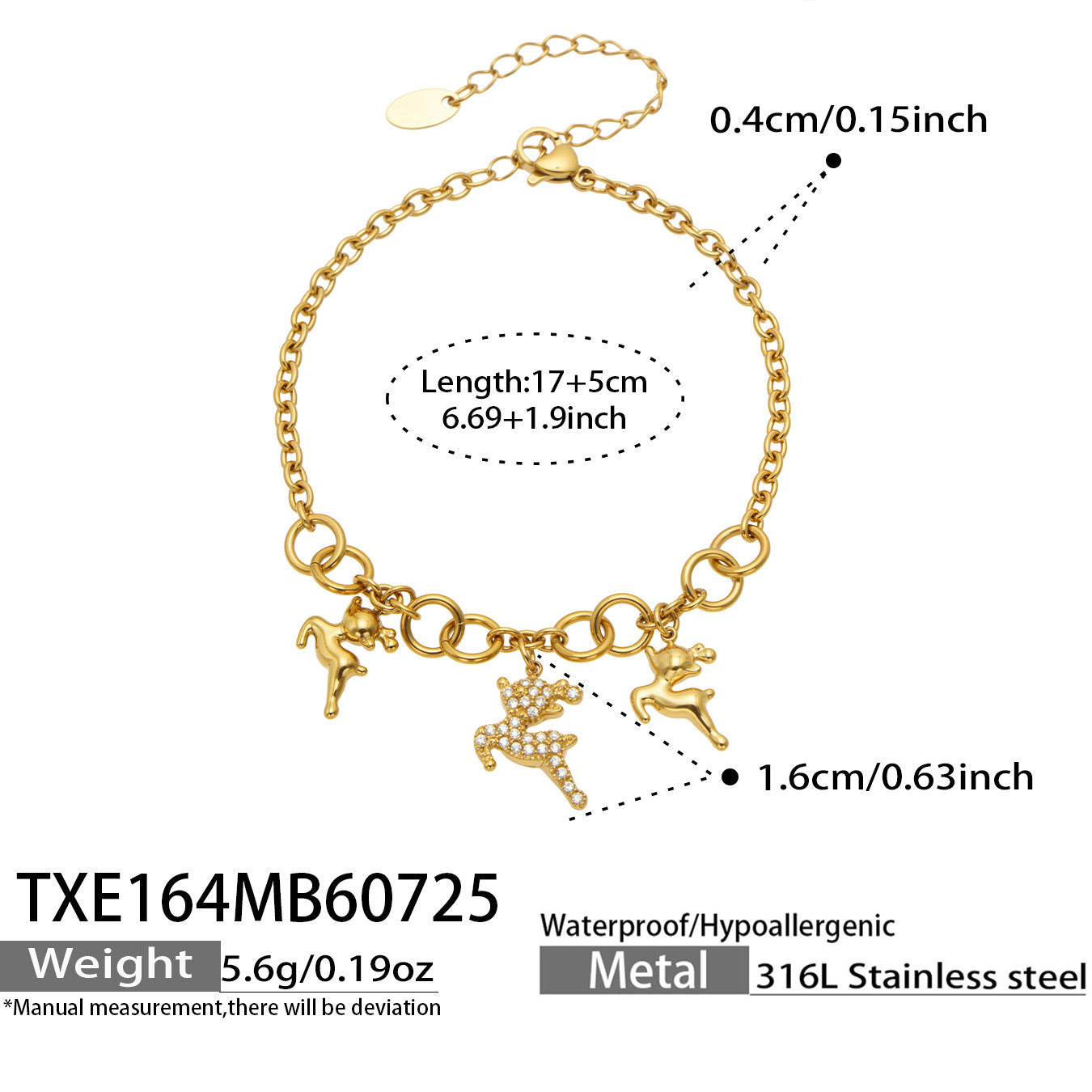 B廠【TXP164】新款小鹿配件微鑲鋯石吊墜項鍊手鍊不銹鋼鍍18k金 時尚女飾品套裝
 26.07-5