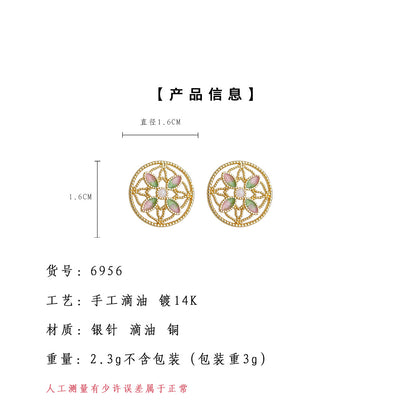 A廠【6956】原創設計國潮紋樣~琺瑯彩繪手工滴釉荷花唯美新款925銀針耳環耳飾
 25.10-4