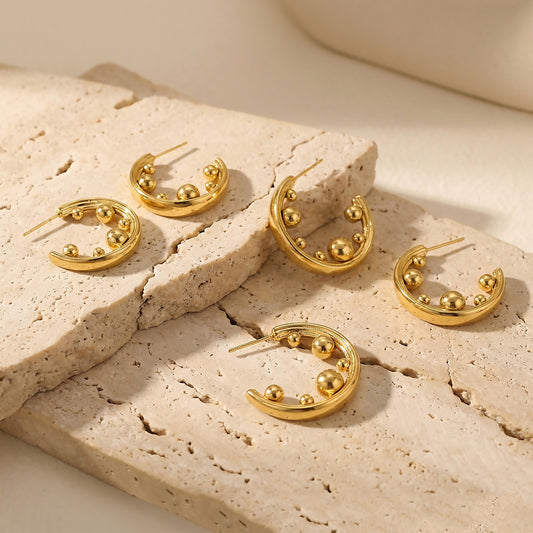 B廠【F1611】歐美小眾設計感C形金色大小圓珠耳環不鏽鋼18k鍍真金簡約輕奢耳飾
 26.03-3