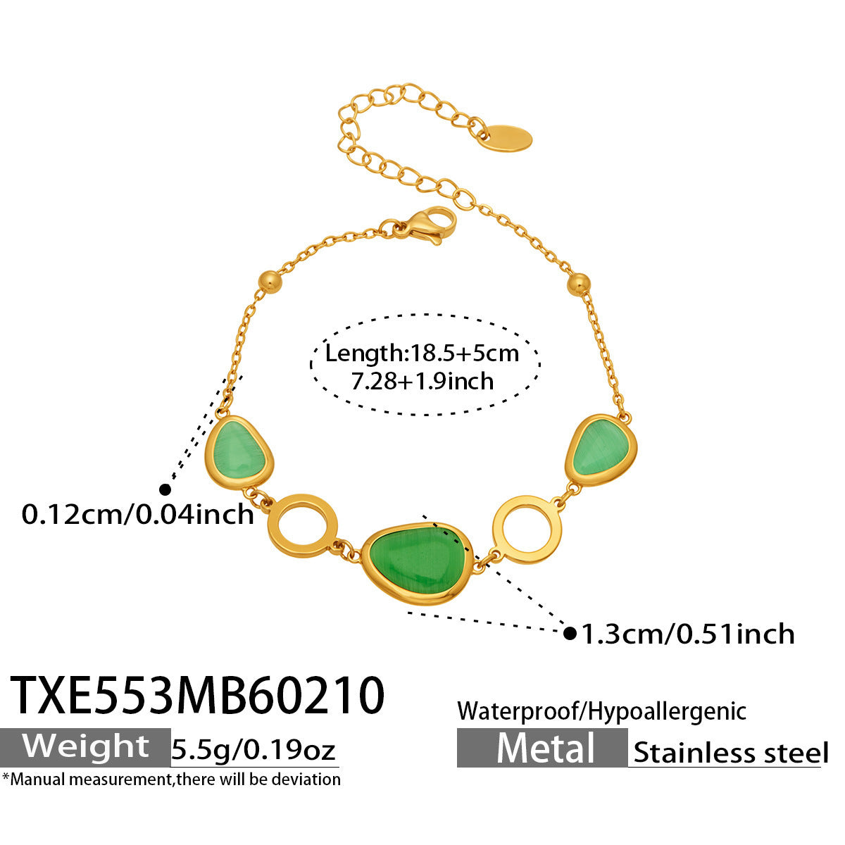 B廠【TXP553】歐美輕奢橢圓貓眼石項鍊手鍊耳環不鏽鋼鍍18k金首飾套裝
 26.10-4