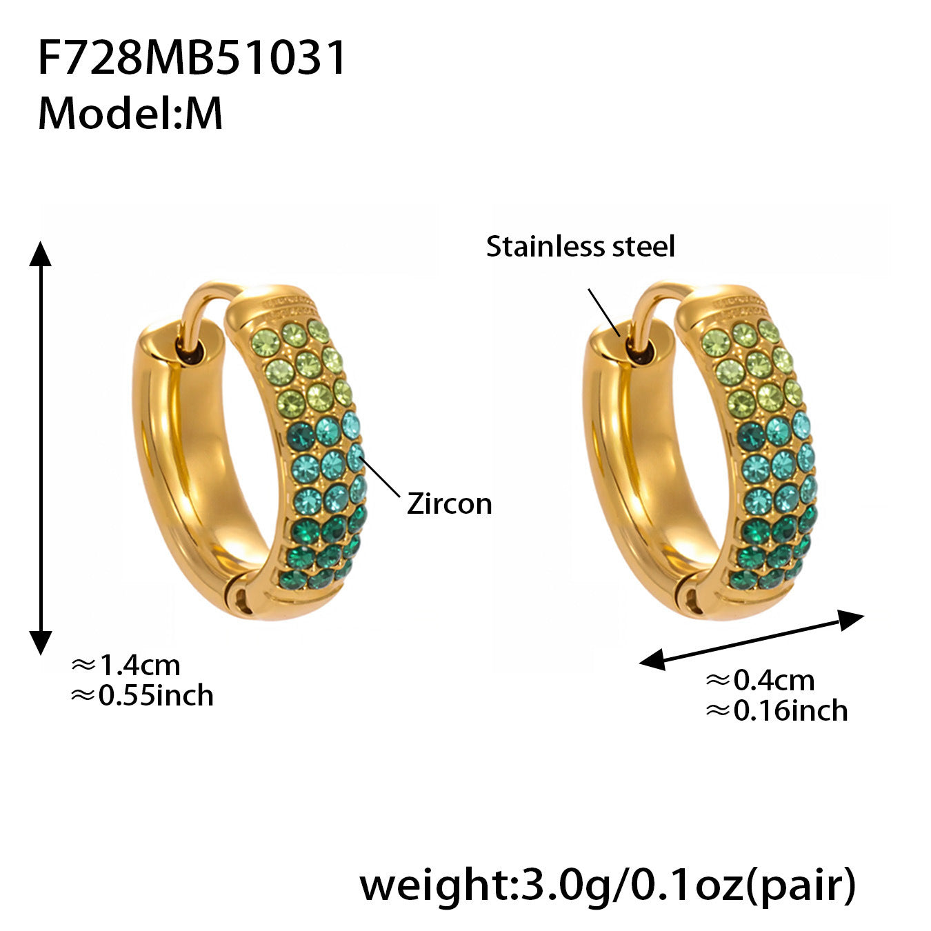 B廠【F728】高質感滿鋯三排鑽球面U型耳扣鍍18k真金輕奢百搭不鏽鋼耳環
 25.11-1