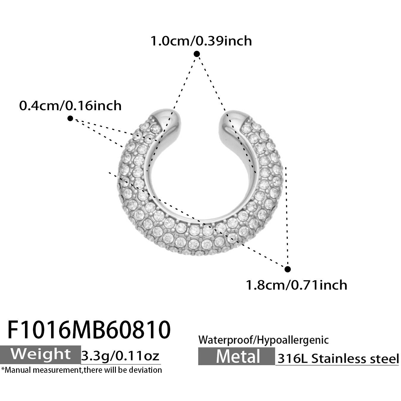 B廠【F1016】跨境新款C型鑲彩鋯石爆閃無耳洞耳環鈦鋼鍍金百搭輕奢女飾品耳環
 26.08-2