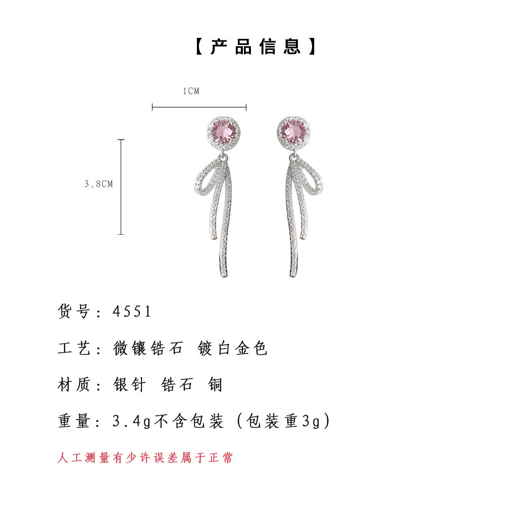 C廠【4551】原創設計微鑲鋯石蝴蝶結清新甜美長款優雅氣質耳環女耳環 24.07-4