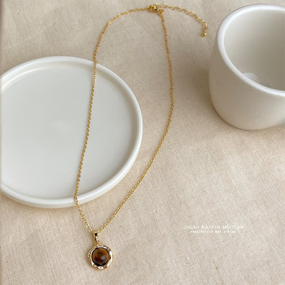 C廠【6606】厚鍍18K真金強保色天然石虎眼石項鍊文藝復古中古 鎖骨鍊飾品
 25.10-4