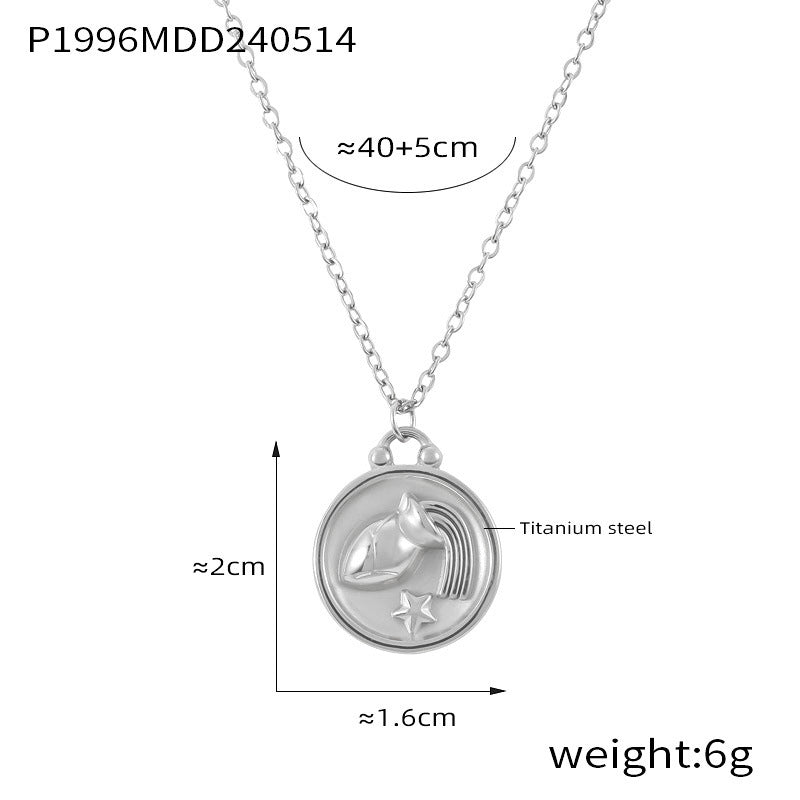 B廠【P1996】歐美時尚百搭創意個性鍍金圓牌十二星座圖案吊墜鈦鋼鏈條配件項鍊 24.05-4