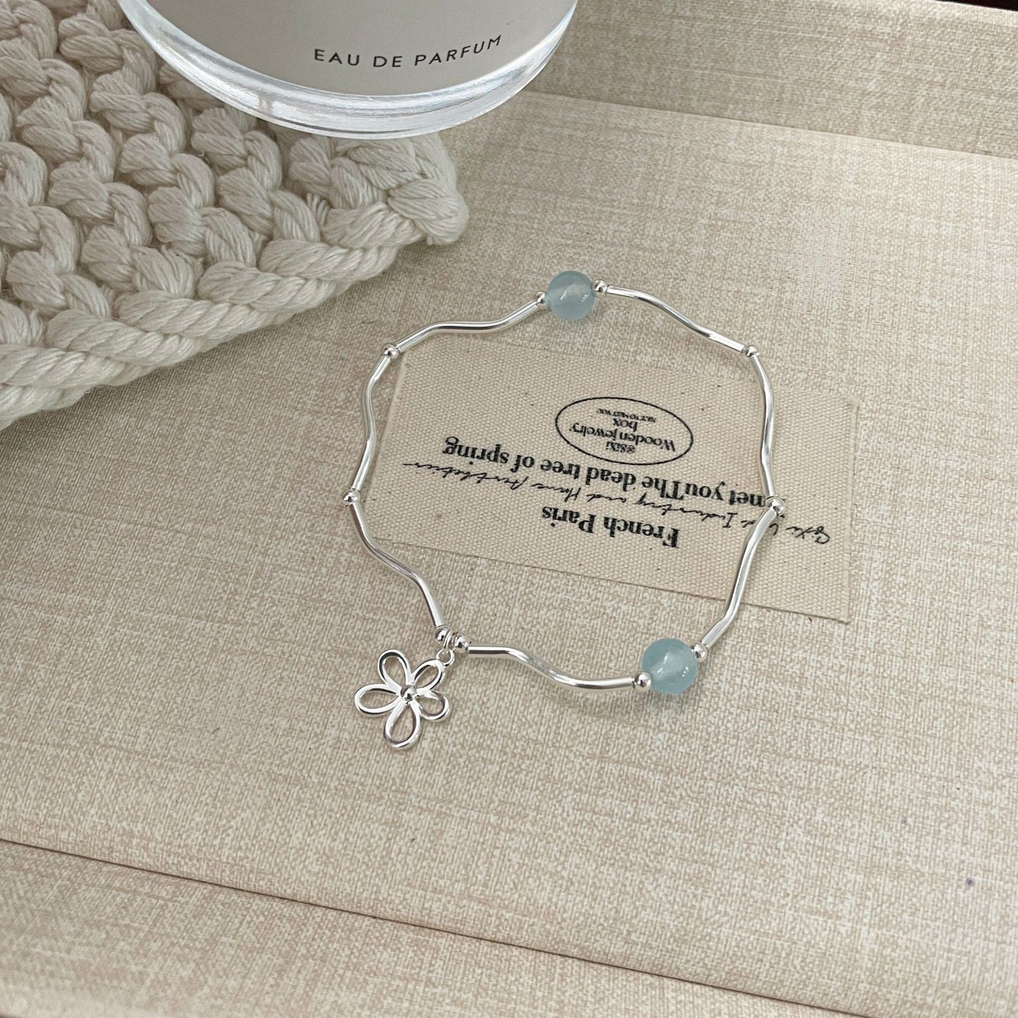 F廠【DQ0458S】S925純銀韓版鏤空花朵彎管手鍊女氣質高級感海藍石百搭手飾潮
 25.10-3