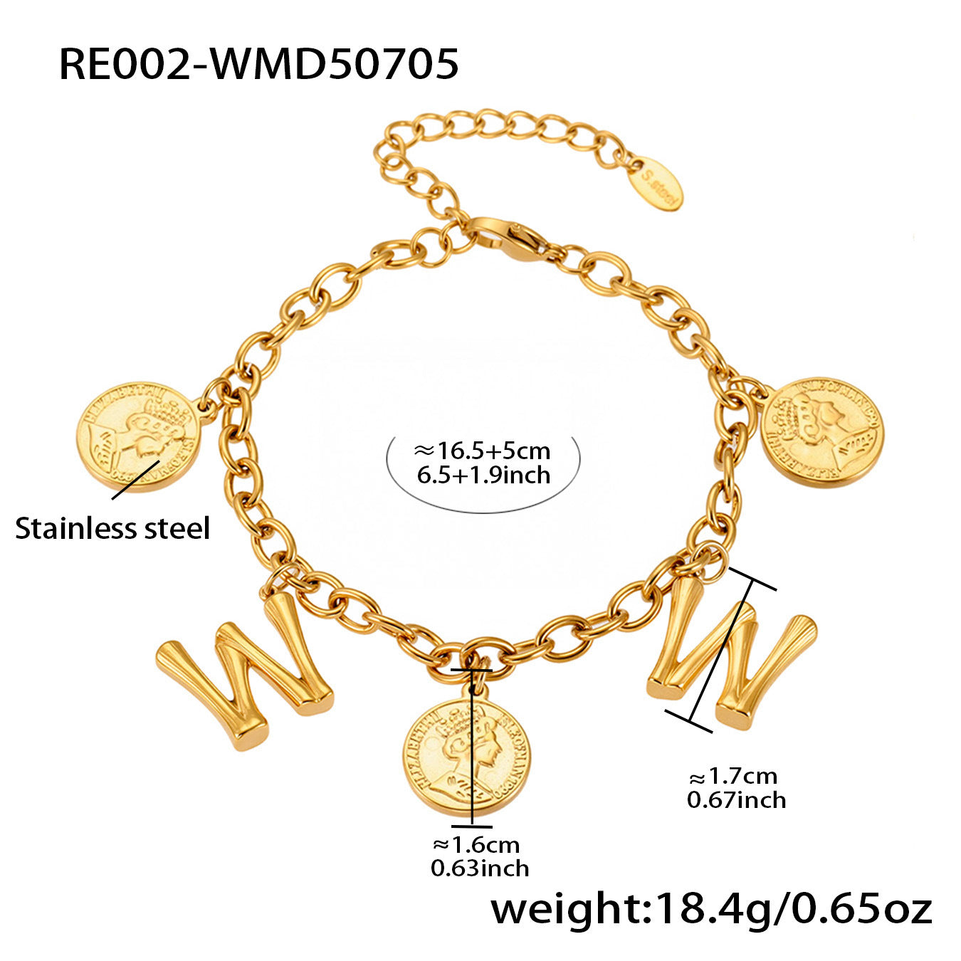B廠【RE002】歐美飾品不鏽鋼26個字母伊莉莎白女王圖像手鍊鍍18k金色保色 25.07-3