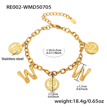 B廠【RE002】歐美飾品不鏽鋼26個字母伊莉莎白女王圖像手鍊鍍18k金色保色 25.07-3