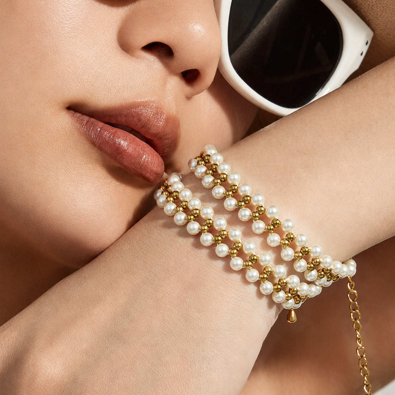B廠【TXP597】跨境精緻貝珠手工編織項鍊手鍊套裝不銹鋼18k金 歐美風時尚飾品女
 26.06-4
