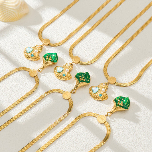 B廠【P103】歐美風蛇骨鏈滴油項鍊女鍍18K真金不銹鋼綠葉吊墜跨境爆款鎖骨鏈
 26.05-1