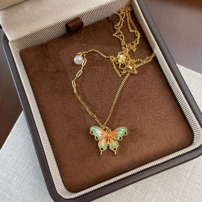 E廠【DQ0599N】S925純銀彩色琺瑯蝴蝶項鍊女小眾精緻高級感漸層蝴蝶鎖骨鏈潮
 25.09-1