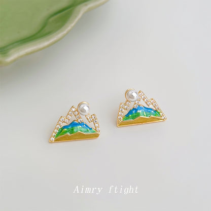A廠【7157】原創青山~微鑲鋯石925銀針手工彩繪琺瑯滴釉國潮耳釘耳飾
 25.11-4