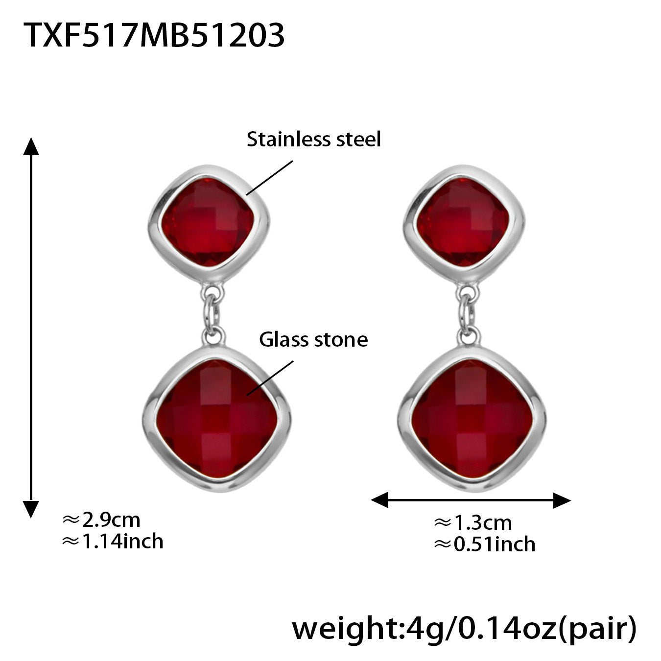 B廠【TXP517】不銹鋼方形切麵包邊玻璃石吊墜耳環項鍊手鍊珠寶首飾套裝鍍18k金
 25.12-2