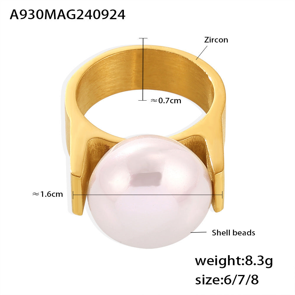 B廠【A930】歐美跨境輕奢感誇張大貝珠戒指個性氣質鈦鋼鍍18K金不掉色手飾女 24.10-1