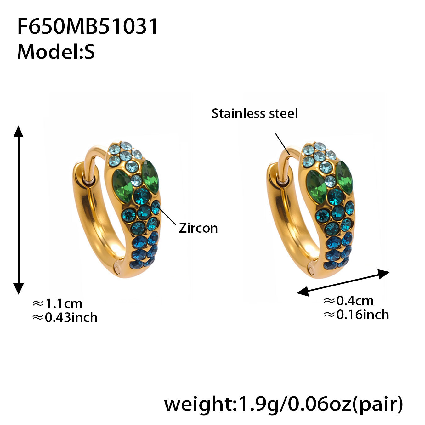 B廠【F650】彩色鋯石U形耳環不鏽鋼鍍18k真金蛇形滿鑽輕奢時尚百搭耳飾
 25.11-1