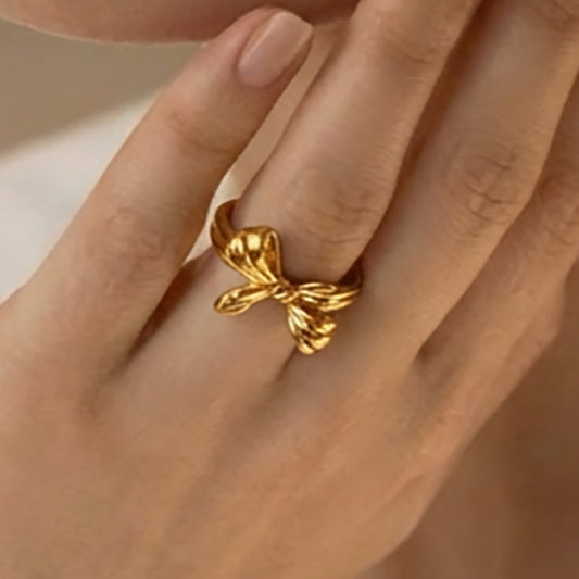 B廠【A304】不鏽鋼蝴蝶結開環戒指鍍18k金ins歐美時尚輕奢百搭個性氣質食指戒
 26.01-1