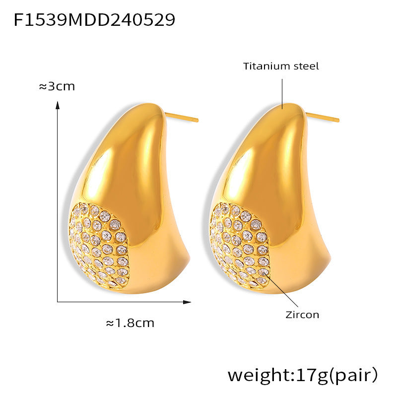 B廠【F1539】INS新款18k金鈦鋼耳環鑲鑽水滴形設計感耳環歐美時尚百搭小眾飾品 24.06-1