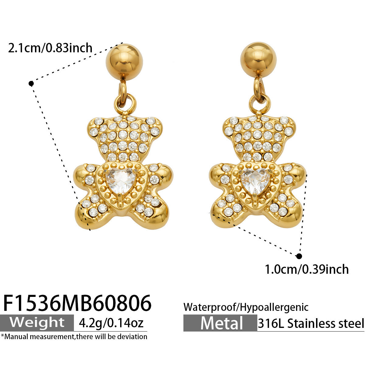 B廠【F1536】歐美高級感小熊鋯石耳環不鏽鋼鍍18k金 輕奢飾品女甜美風耳環
 26.08-2