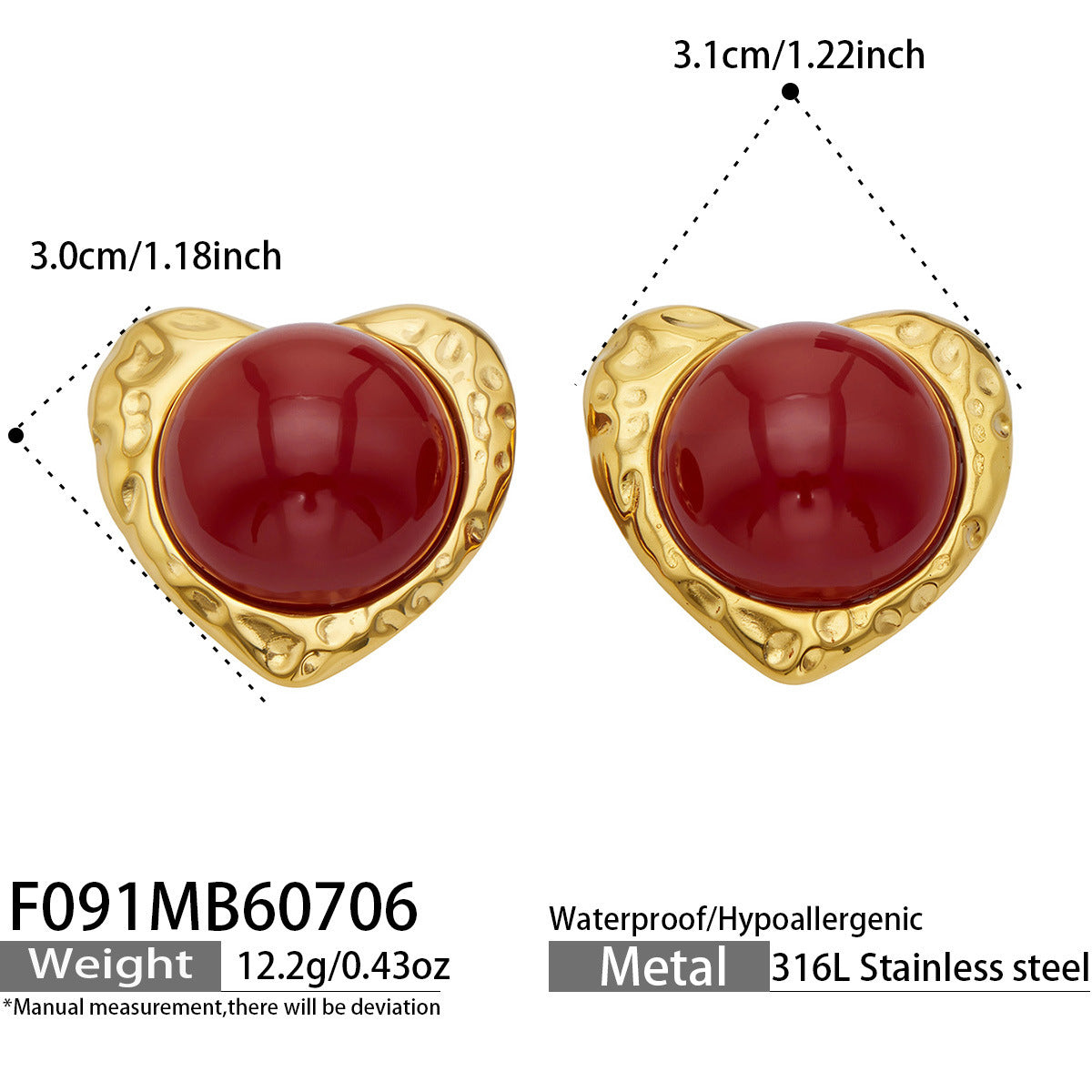 B廠【F091】歐美復古時尚鑲仿珍珠愛心耳環不鏽鋼鍍18k金 高級感女耳環 26.07-2