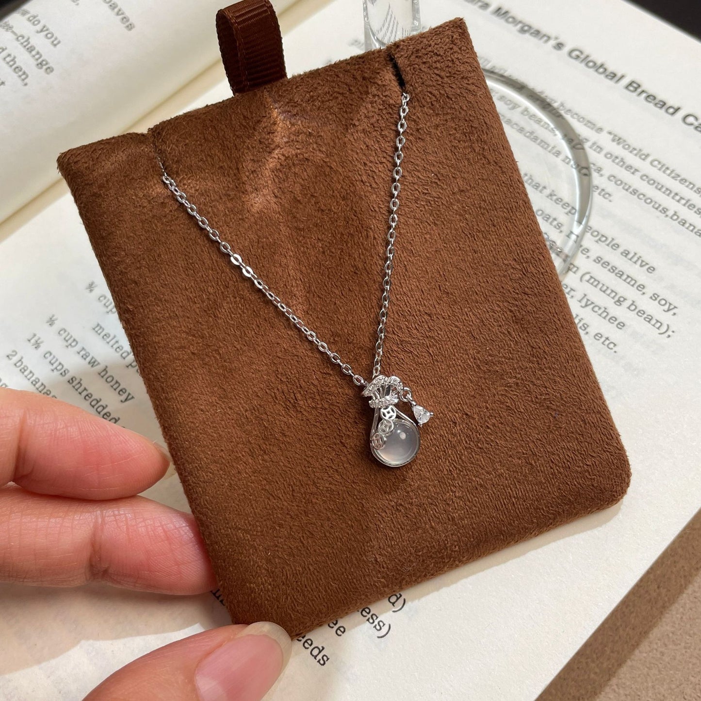 F廠【DQ1047N】S999純銀輕奢小眾白玉髓福袋項鍊女新中式銅錢福袋時尚鎖骨鏈
 25.09-1