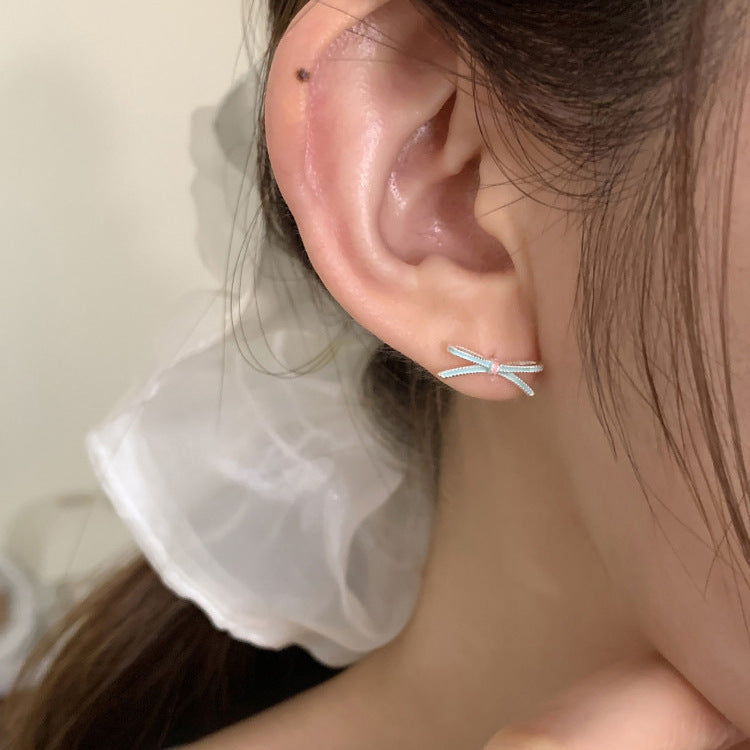 E廠【XDQ11427E】S925純銀小清新滴油蝴蝶結耳環女芭蕾風高級感ins百搭耳飾潮
 26.09-1