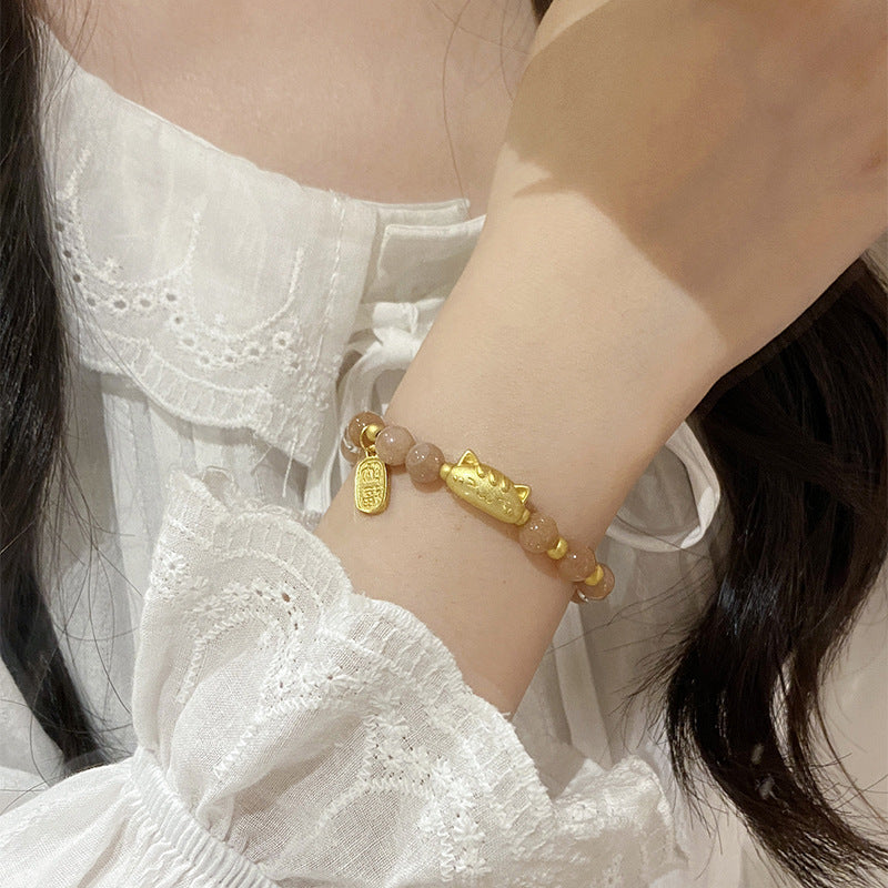 F廠【DQ0369S】天然白水晶太陽石手串女S925銀法棍貓納福牌手環顯白手飾
 25.10-1
