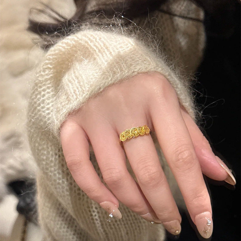 F廠【DQ8023R】足銀999中古風碎冰冰銅錢戒指女輕奢高級感五帝幣新中式指環 25.05-3