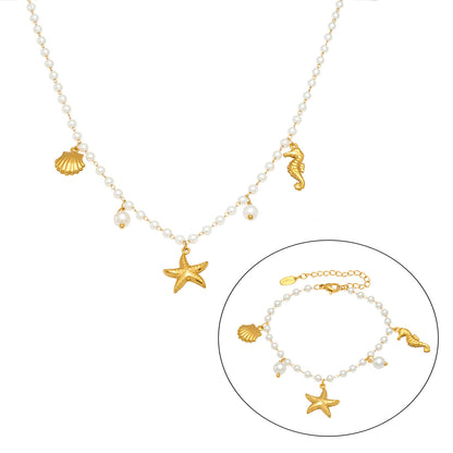 B廠【TXP335】海洋系列星星貝殼吊墜手工膠珠串珠項鍊手鍊手鍊套裝不銹鋼材質 25.08-1
