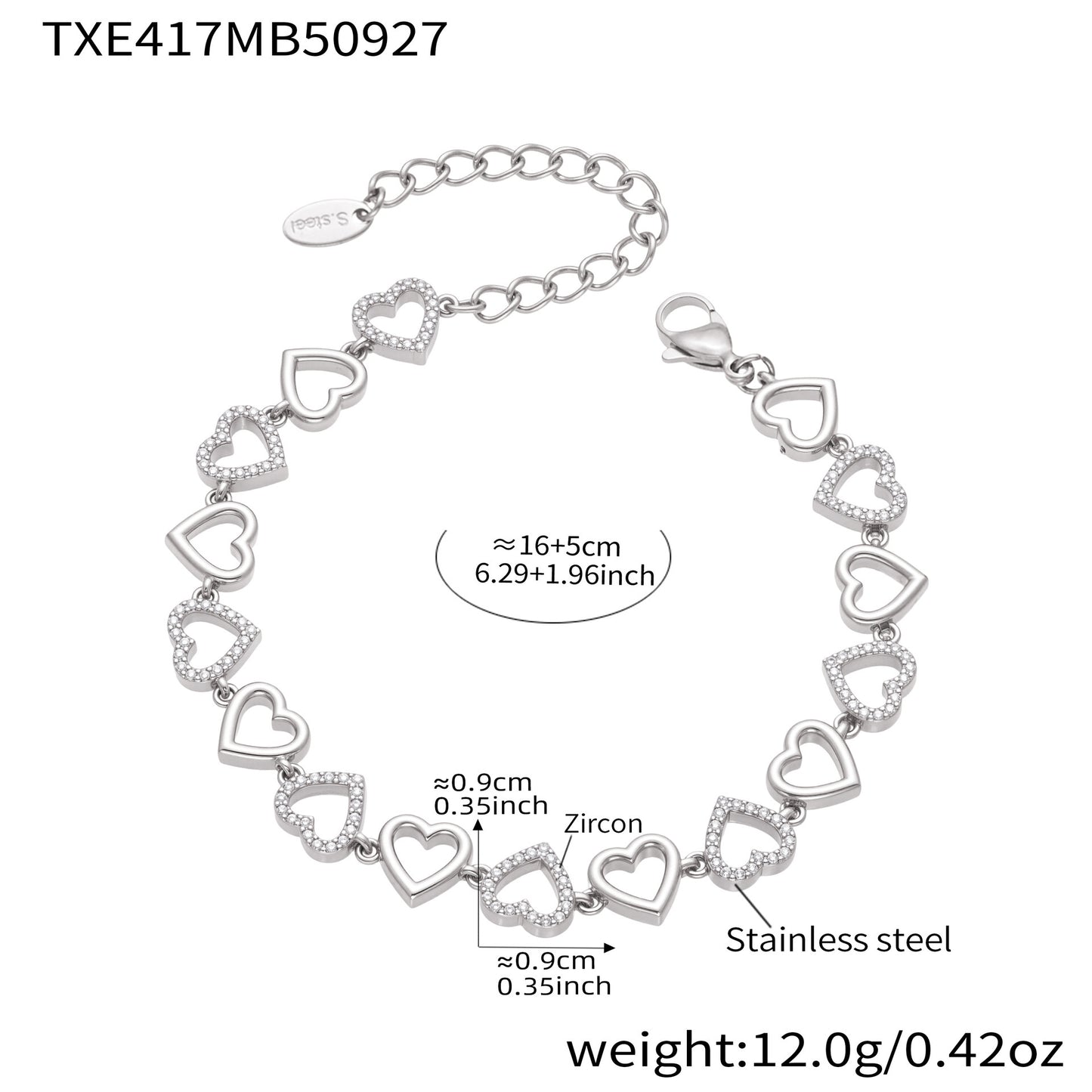 B廠【TXP417】跨境新款不鏽鋼滿鑽愛心手工鍊項鍊手鍊套組鍍18k真金飾品
 25.10-1
