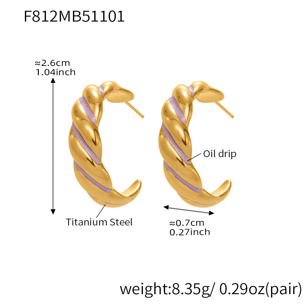 B廠【F812】新款不鏽鋼幾何扭紋滴油耳環琺瑯彩釉時尚個性耳飾鍍18k金
 25.11-1