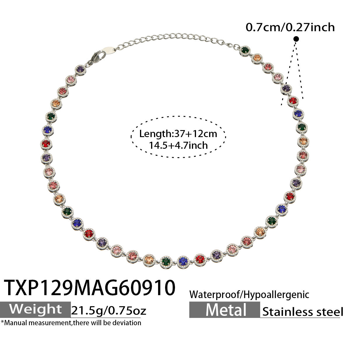 B廠【TXP129】新款橢圓彩色鋯石鎖骨鏈不銹鋼鍍金輕奢時尚手鍊項鍊耳環套裝
 26.09-3