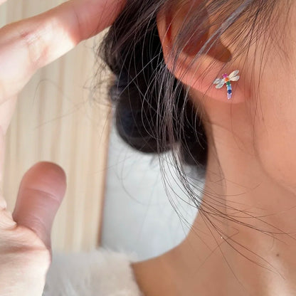 E廠【XDQ10888E】S925純銀彩虹小蜻蜓耳環女多巴胺彩色鋯石螺絲轉耳飾夏季新款
 26.05-4