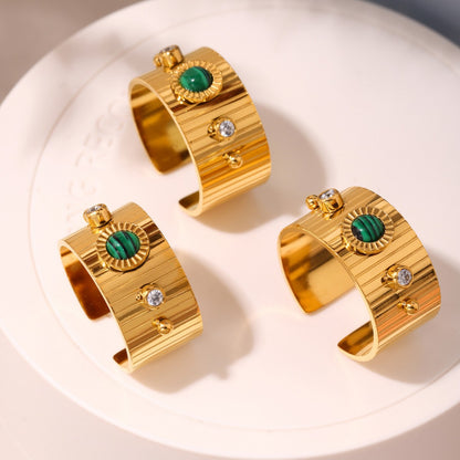 B廠【A802】天然綠松石長條紋鋯石開口可調式戒指不鏽鋼個性霸氣配件品 25.03-3