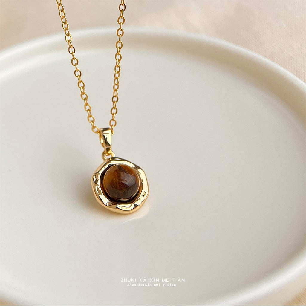 C廠【6606】厚鍍18K真金強保色天然石虎眼石項鍊文藝復古中古 鎖骨鍊飾品
 25.10-4