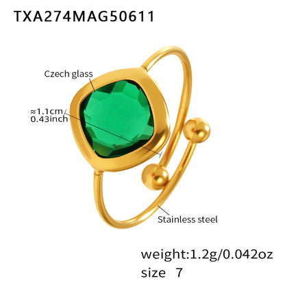 B廠【TXA274】歐美飾品不銹鋼材質捷克玻璃包邊石頭開口戒指18k鍍金手飾 25.06-3