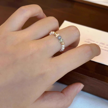 E廠【 DQ8966R】法式復古施家仿珍珠戒指女S925銀色彩捷克珠簡約手工設計指環 25.07-4