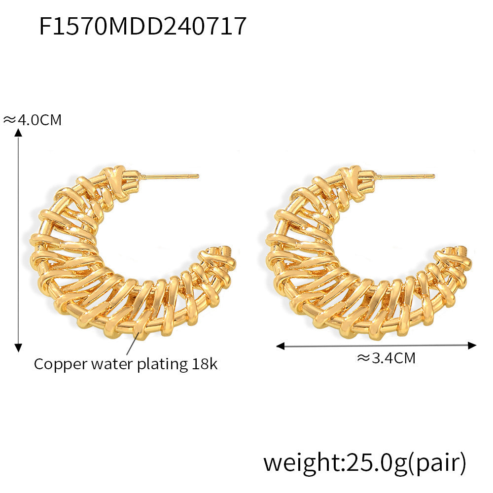 B廠【F1570】歐美簡約月亮編織不規則C型耳環復古鏤空設計銅材質鍍18k金飾品女 24.07-4