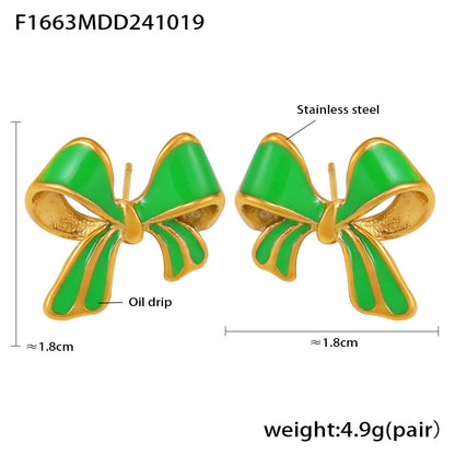 B廠【F1663】 ins風精緻滴油蝴蝶結耳環輕奢油畫質感不銹鋼甜美耳飾現貨 24.10-4