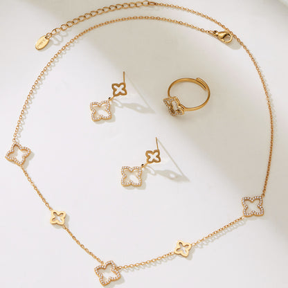 B廠【TXP505】不銹鋼鏤空花朵滿鑽鋯石耳環戒指項鍊簡約輕奢首飾組鍍18k真金
 25.12-1