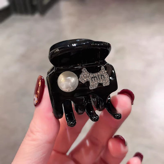 C廠【Y1094】韓版百搭鑲鑽小狗抓夾女高級感黑色高馬尾夾氣質珍珠半紮髮夾頭飾
 26.02-1