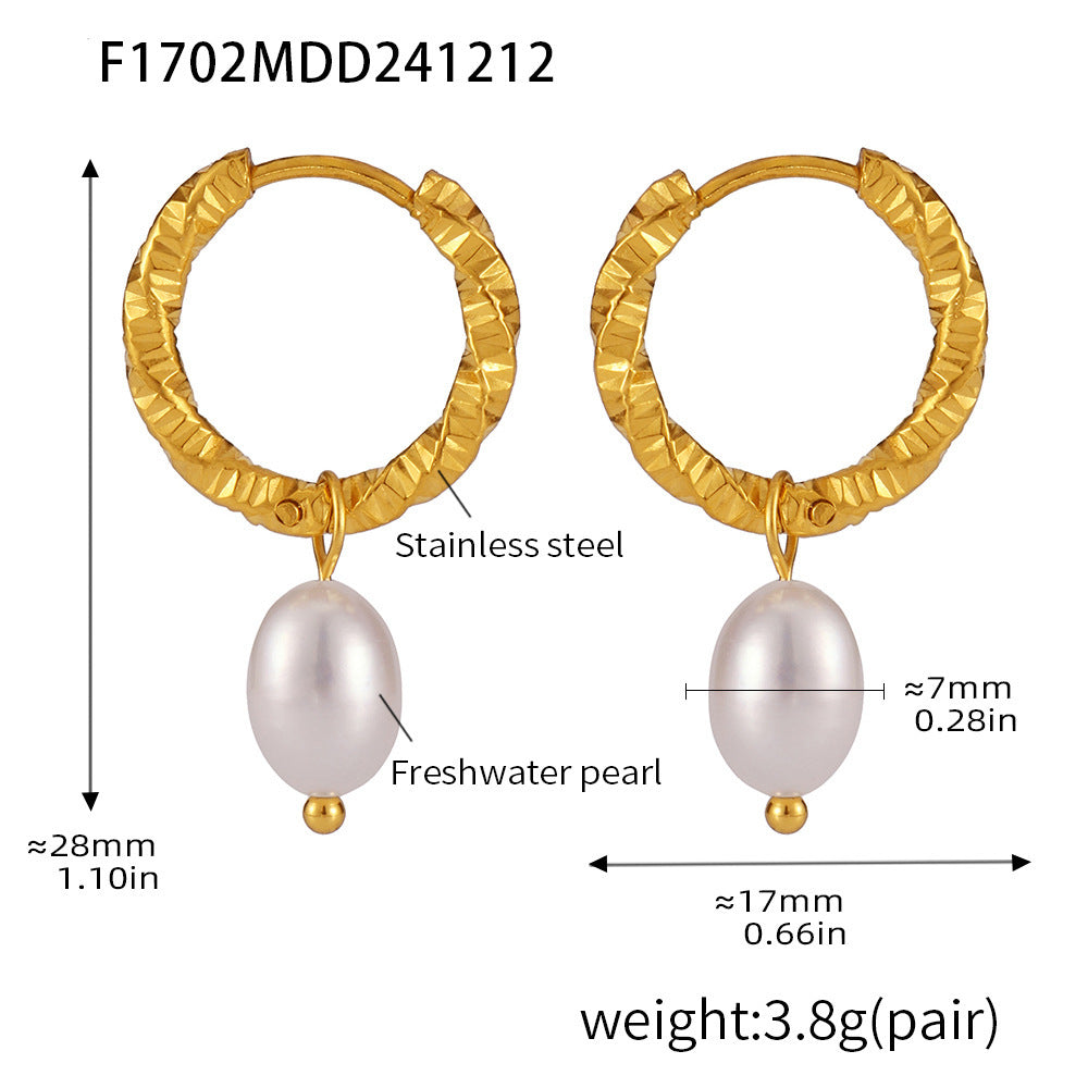 B廠【F1700】歐美不鏽鋼麻花扣天然淡水珍珠耳環耳環PVD電鍍18K真金耳飾 24.12-3