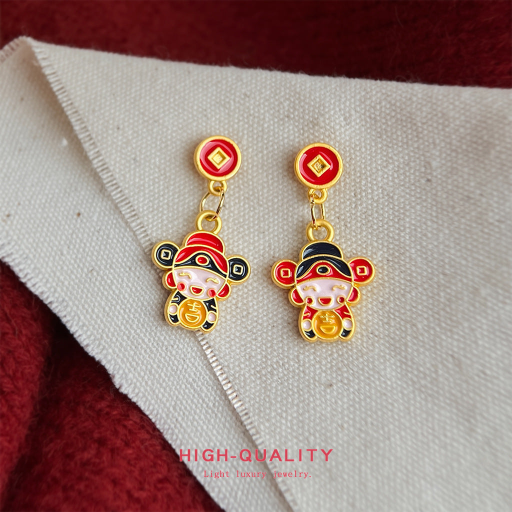 A廠【7231】新年手工彩繪琺瑯滴釉不對稱財神爺新款耳飾國潮民族風耳環
 25.12-2