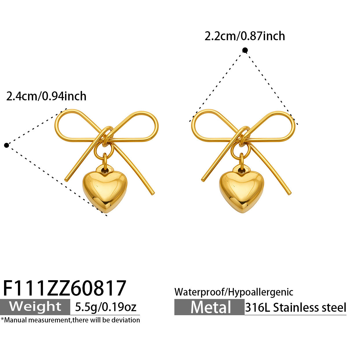B廠【F111】跨國新款熱銷蝴蝶結愛心耳環不鏽鋼316L輕奢鏤空高級感飾品女耳環
 26.08-3